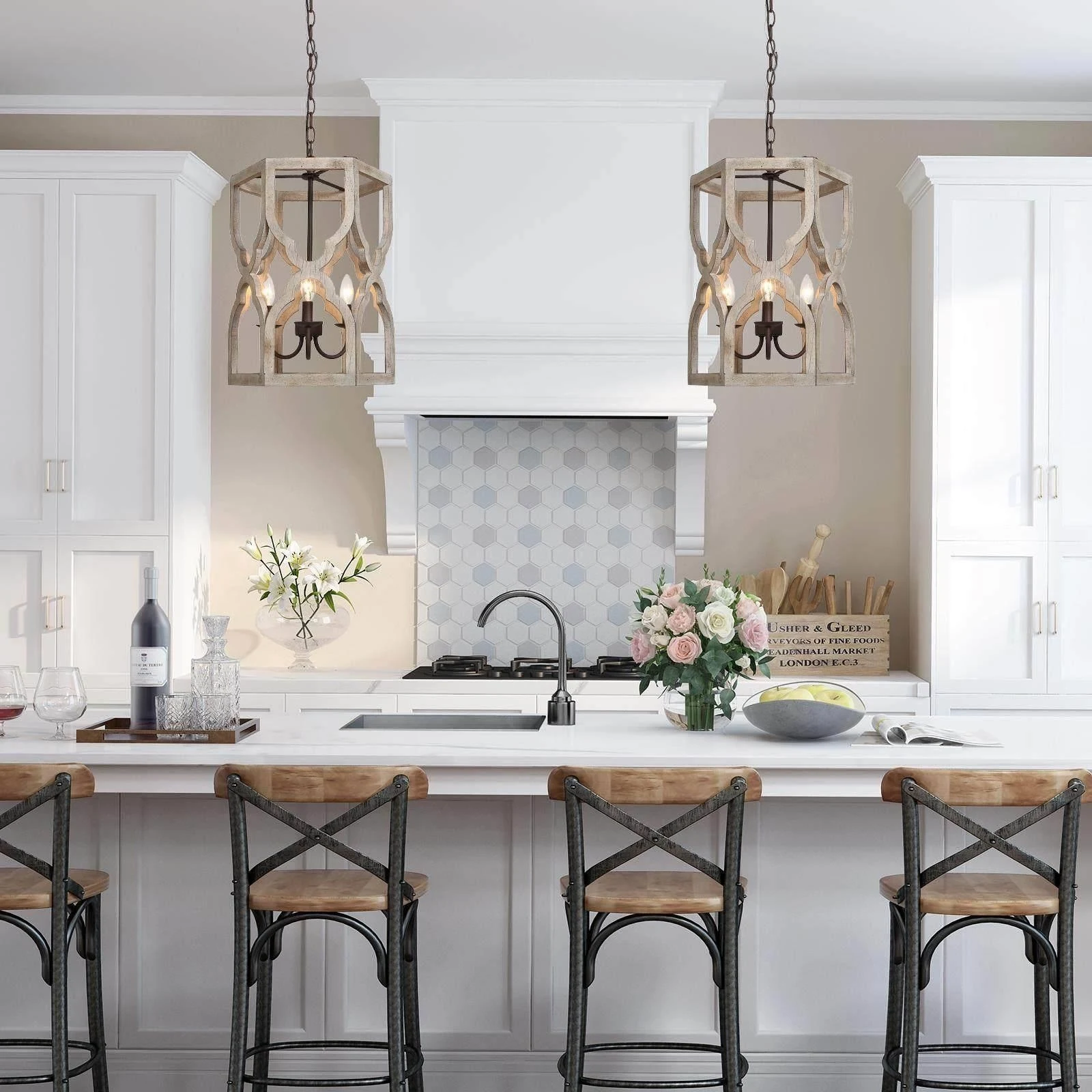 Modern Farmhouse 3-Light Wood Chandelier French Country Cylinder Island Light for Dining Room - D 14