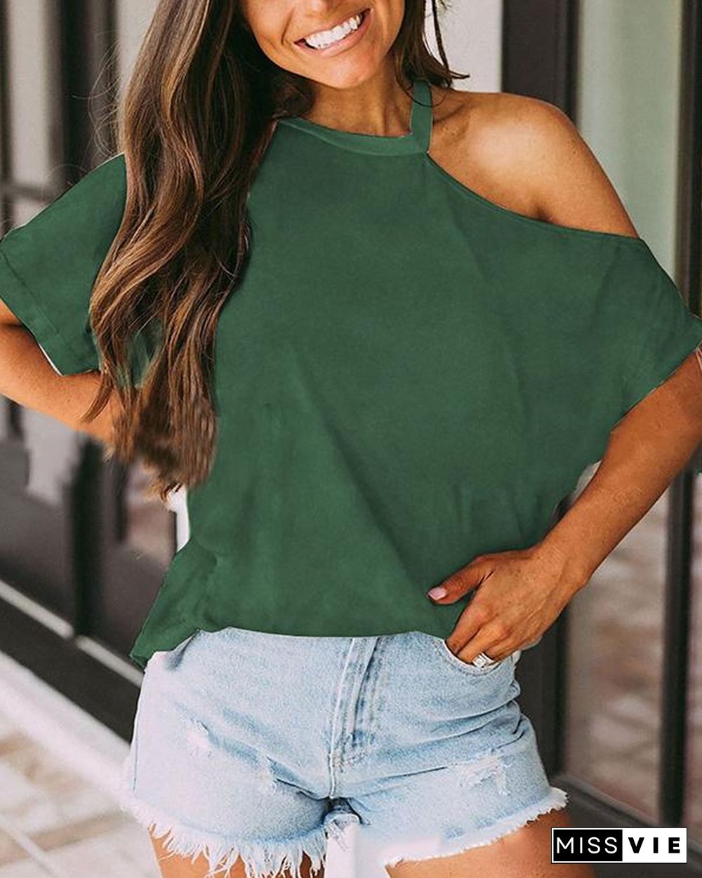 Women Off-Shoulder Short Sleeve Casual T-Shirt