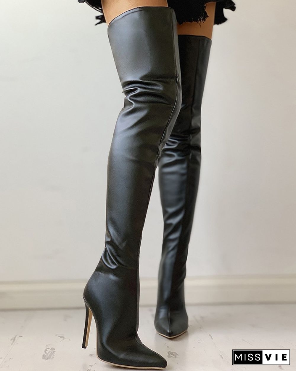 PU Zippper Thin Heeled Long Boots