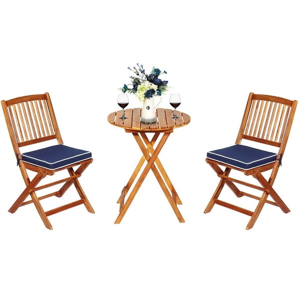 3 Pieces Acacia Wood Patio Folding Bistro Set Cushioned Chair - Overstock - 37532301