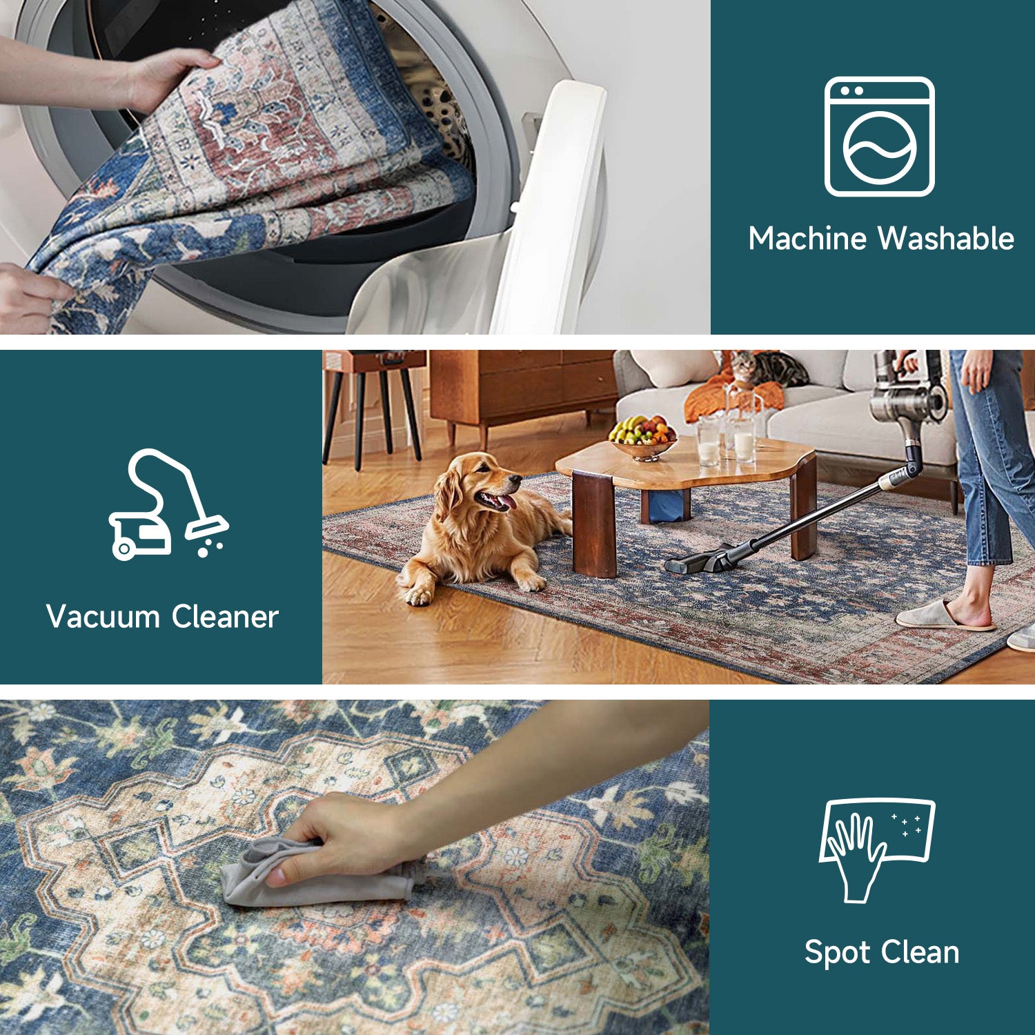 Vintage Area Rugs Machine Washable Non-Slip Ultra-Thin Foldable Multiple Sizes for Living Room Bedroom Kitchen