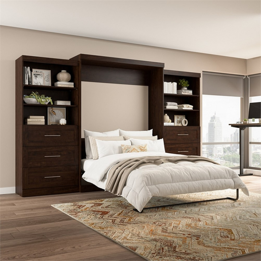 Bestar Pur Queen Murphy Bed and 2 Shelving Units w/Drawers (136W) in Chocolate   Transitional   Entertainment Centers And Tv Stands   by Homesquare  Houzz