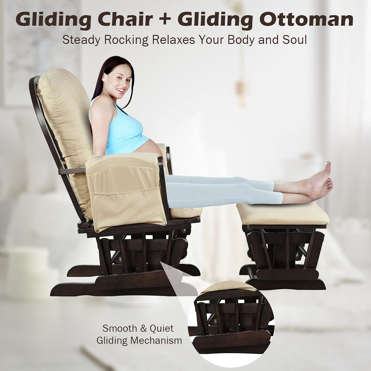 Costzon Glider and Ottoman Set, Wood Glider Rocker