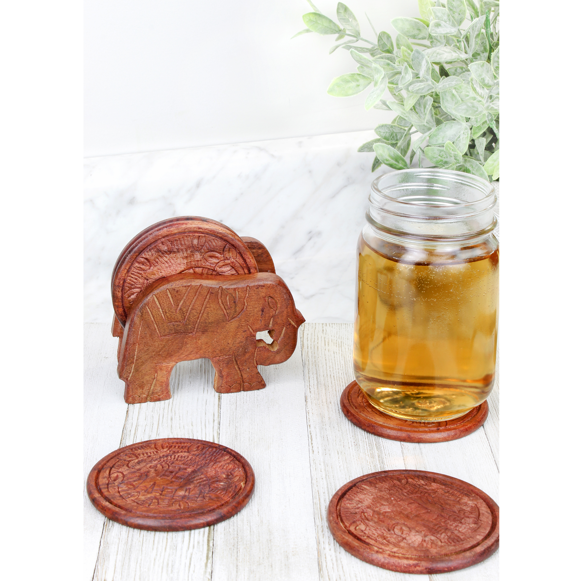 Elephant Design Wooden Coasters With Holder - set of 6， Handmade in India