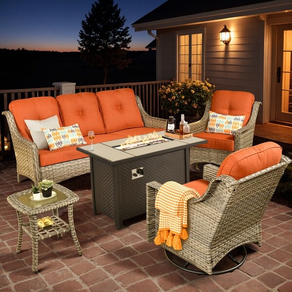 XIZZI Outdoor Rattan Wicker Patio Furniture Conversation Set with Fire Pit Table