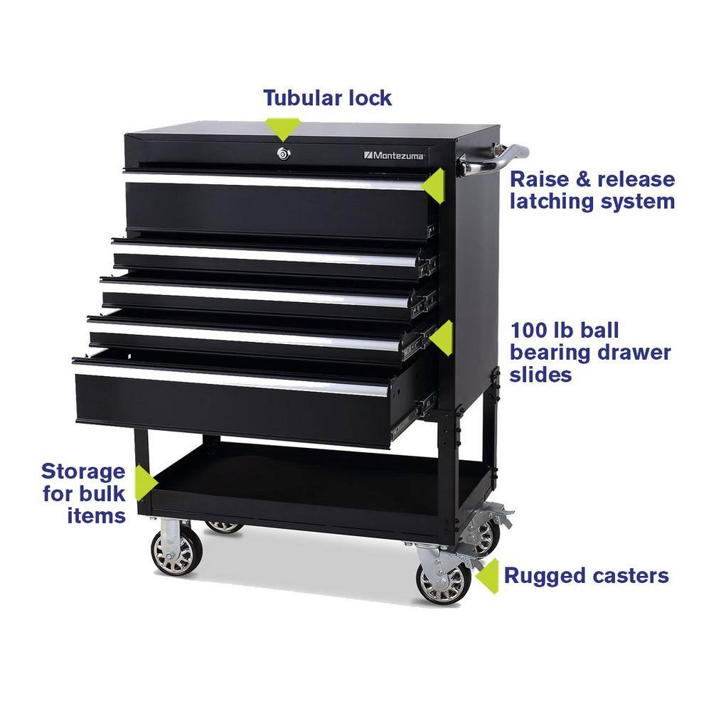 Montezuma 30 in. 5-Drawer 1-Shelf Steel Utility Tool Cart BK3005UC