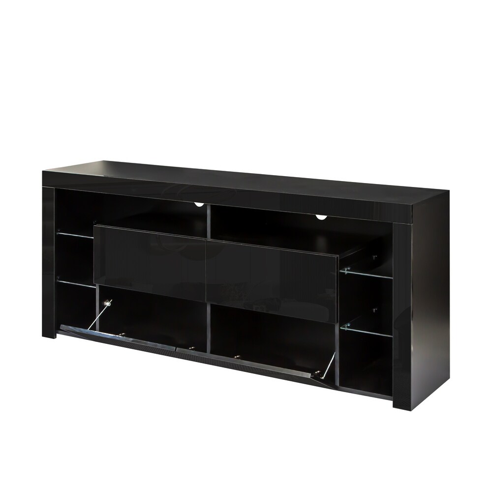 TV Cabinet with Storage Drawers   Open Shelves LED TV Stand Modern High Gloss TV Console with 20 Color LED Lights  Black