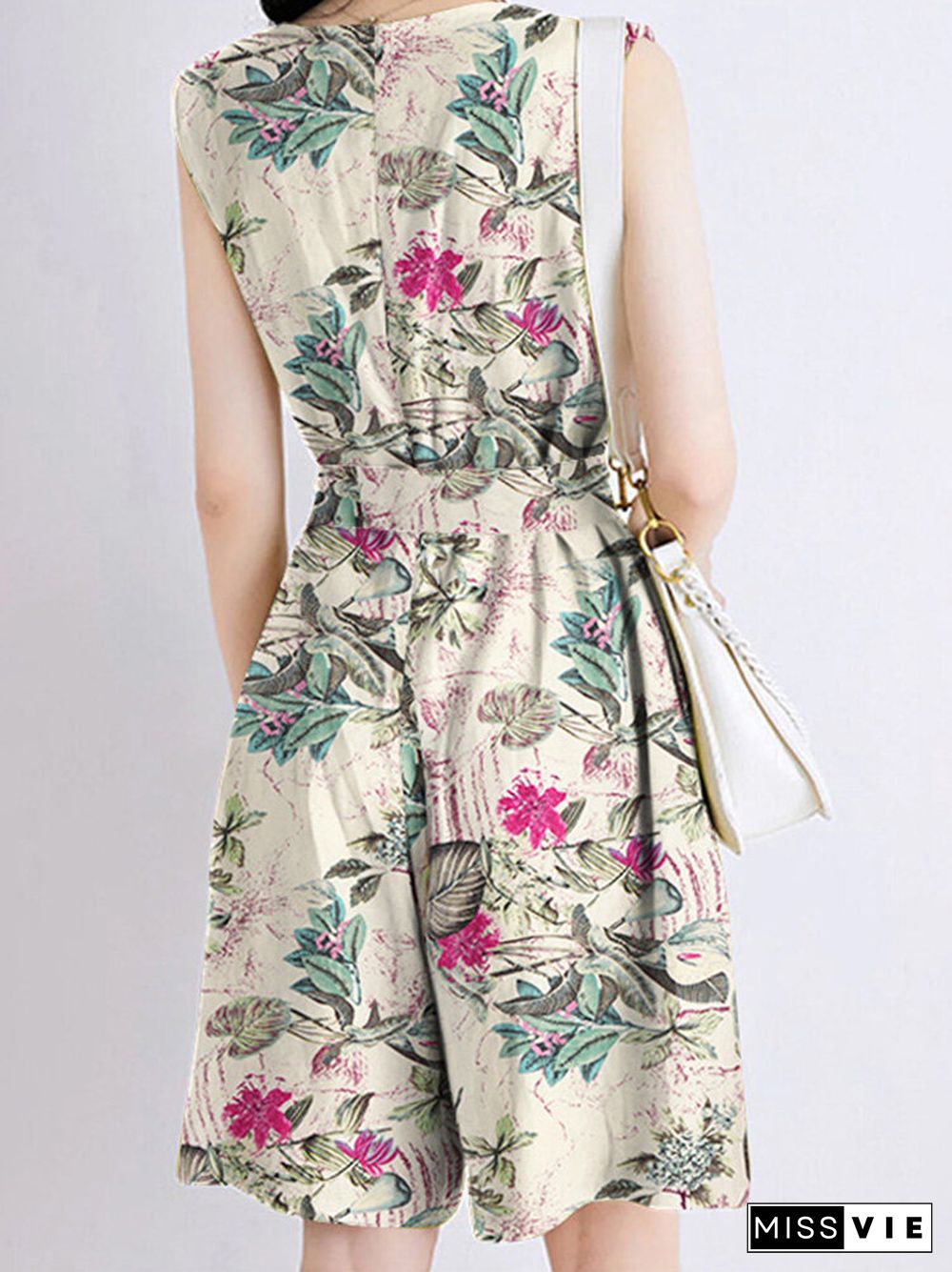 Random Flower Print Pocket Sleeveless Belt Wide Leg Romper