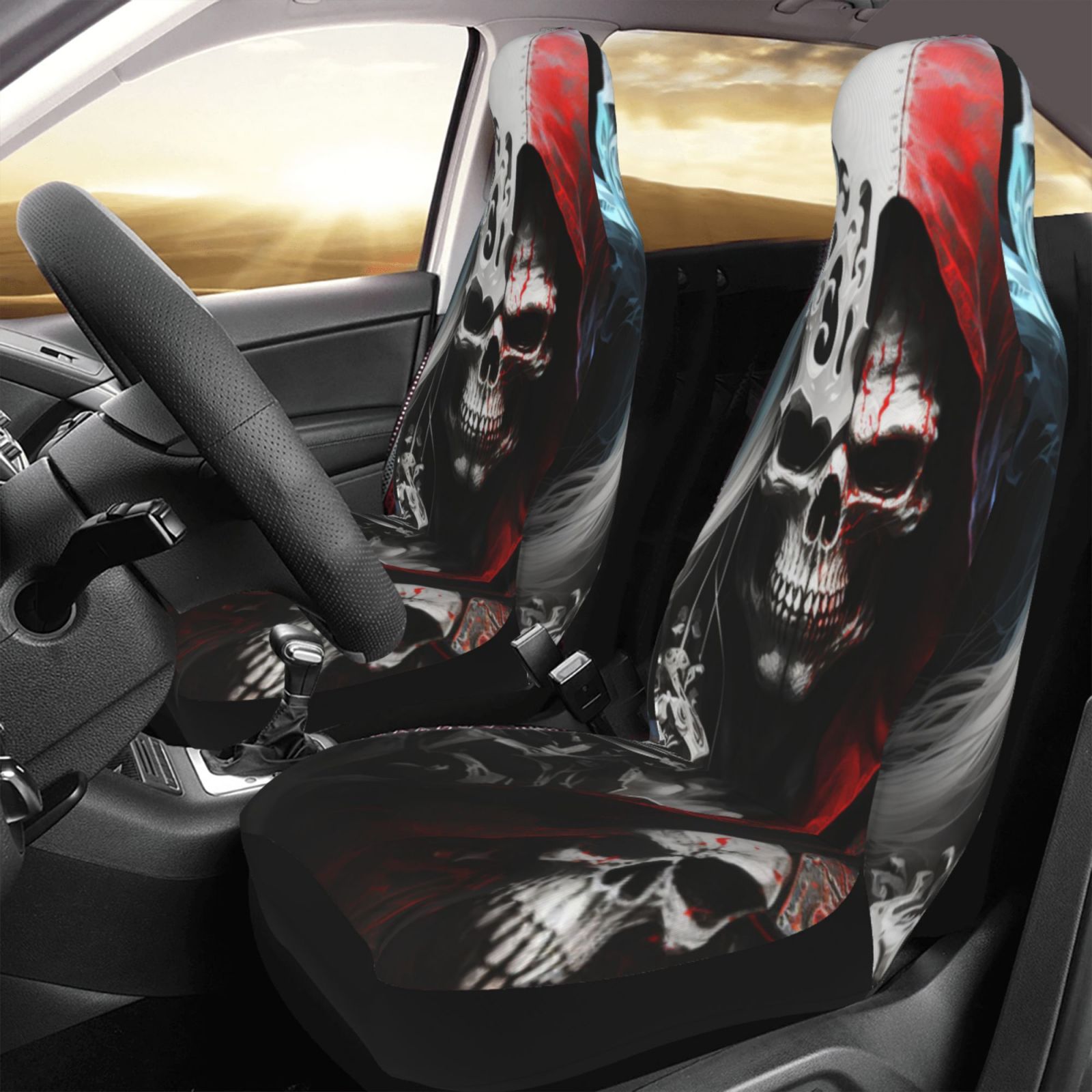 TEQUAN Front Seat Covers， Fantasy Death Skull Skeleton Pattern 2 Piece Car Seat Cover Fit Most Car SUV Truck Van