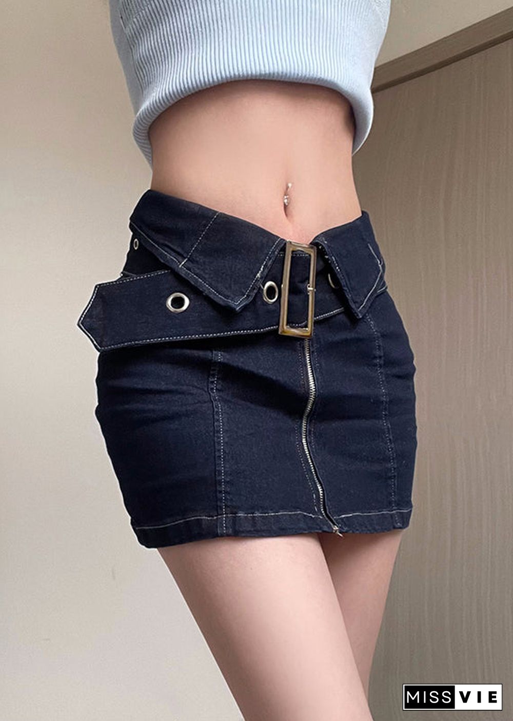 New Navy Zip Up Sashes Patchwork Denim Skirts Summer