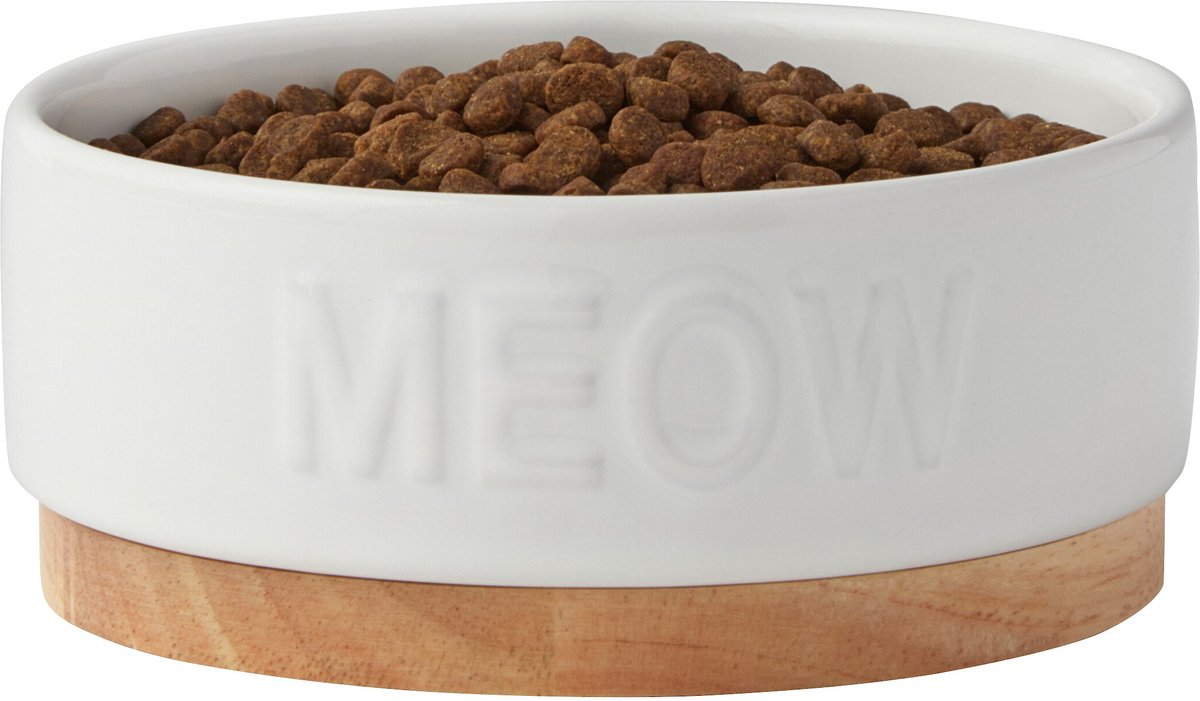 Frisco Round Meow Non-skid Ceramic Cat Bowl with Wood Base