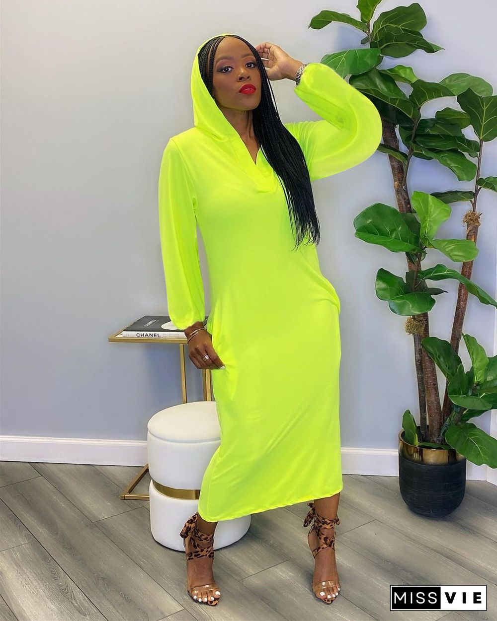 Back Hole Long Sleeve Solid Color Hoodies Maxi Dress