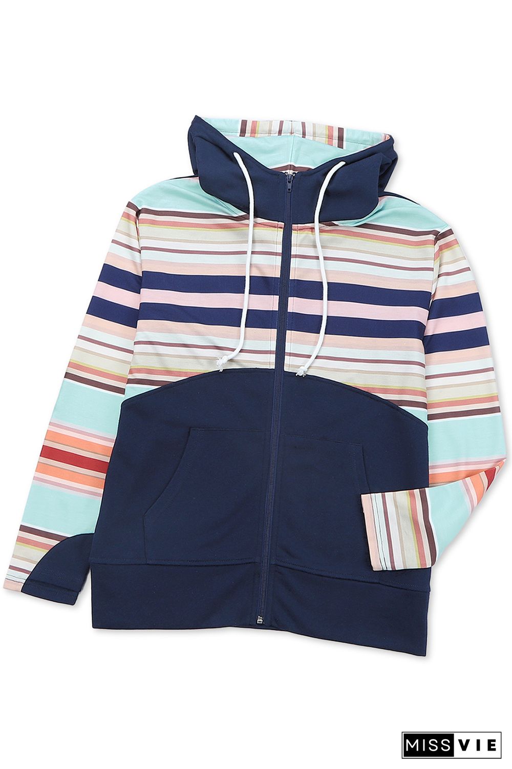 Blue Striped Color Block Thumbhole Sleeve Full Zip Hoodie