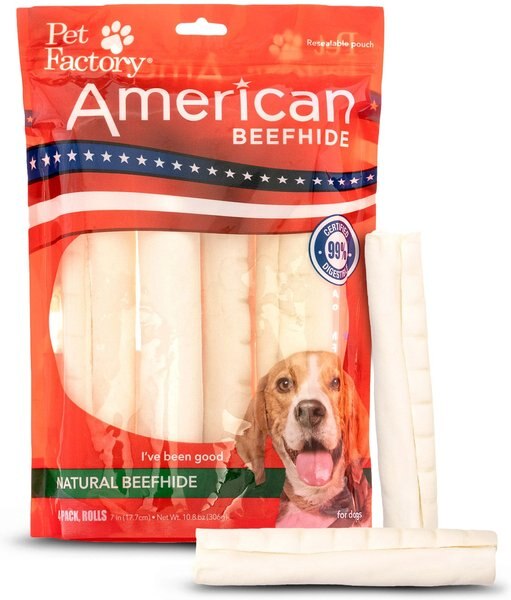 Pet Factory American Beefhide 7-inch Rolls Natural Flavored Chewy Dog Treats， 4 count