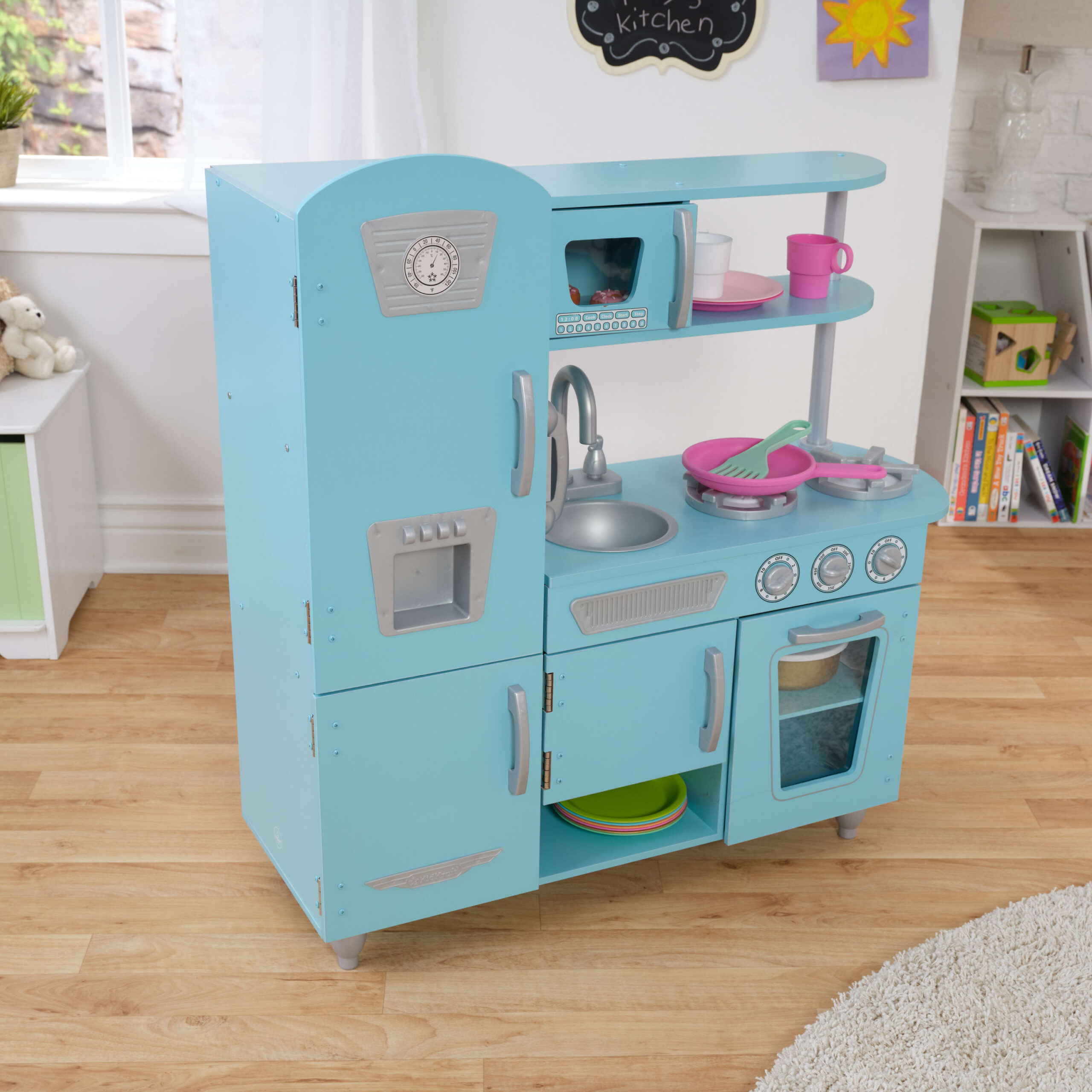 KidKraft Vintage Wooden Play Kitchen with Pretend Ice Maker and Play Phone - Blue