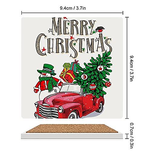 Colourlife Square Drink Coasters 2 Pcs Christmas Retro Truck With Gifts Absorbent Ceramic Coffee Coasters For Drinks With Cork Base Housewarming Gift