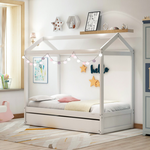 House Bed with Trundle  Can be Decorated  White Wf...