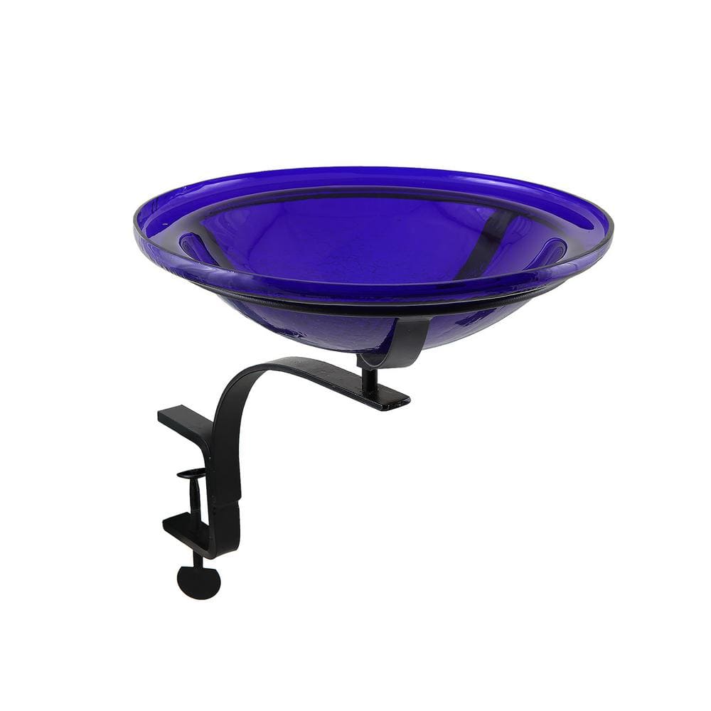 Achla Designs 12.5 in. Dia Cobalt Blue Reflective Crackle Glass Birdbath Bowl with Rail Mount Bracket CGB-01CB-RM