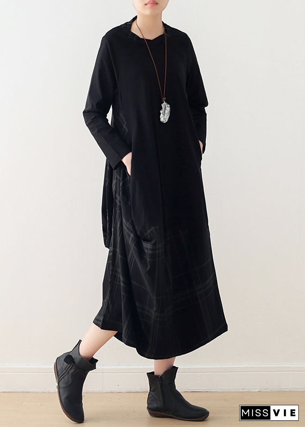 Women black cotton quilting clothes Fitted pattern o neck false two pieces Maxi spring Dresses