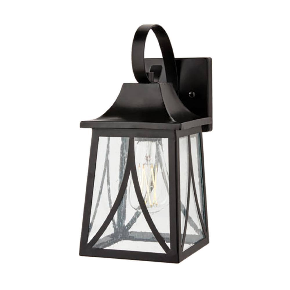 Hampton Bay Drackert 1-Light Flat Black Hardwired Outdoor Wall Lantern Sconce with Seedy Glass 28235