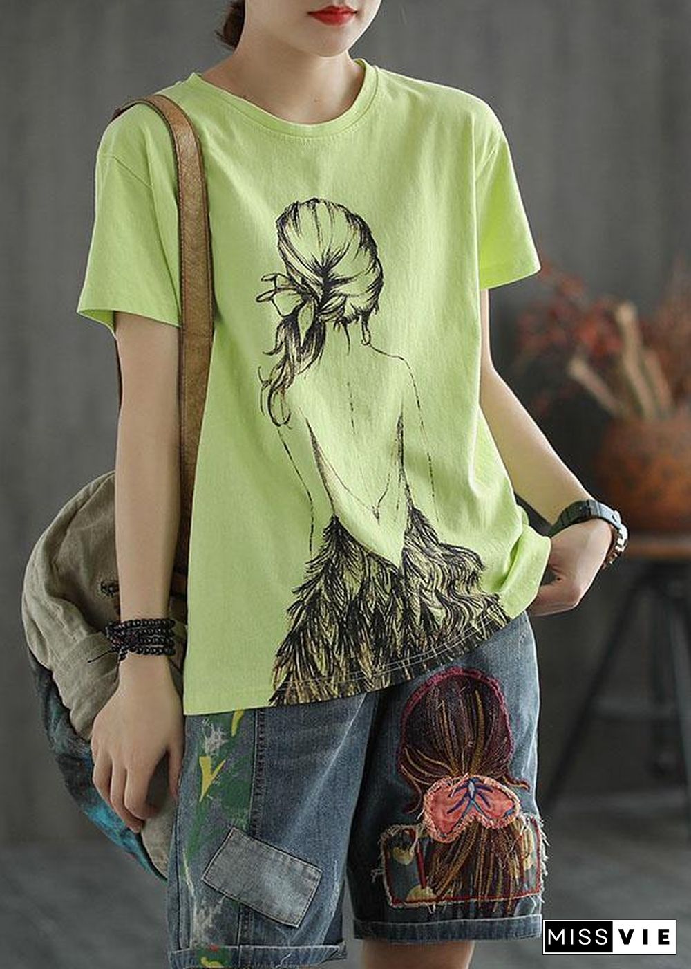 Plus Size Green Print O-Neck Cotton T Shirt Summer