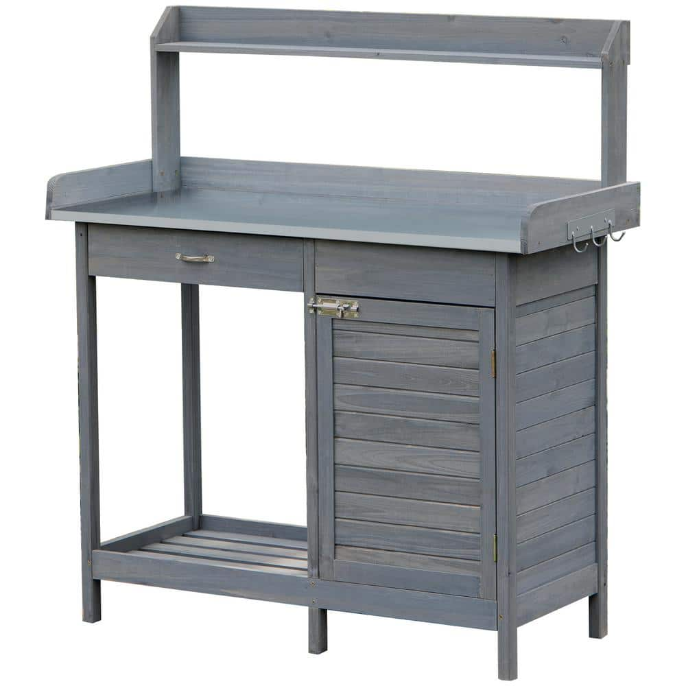 Grey Outdoor Wooden Potting Bench Table Garden Work Station with Storage Cabinet Steel Tabletop Side Hooks Drawer PT-P174492FU