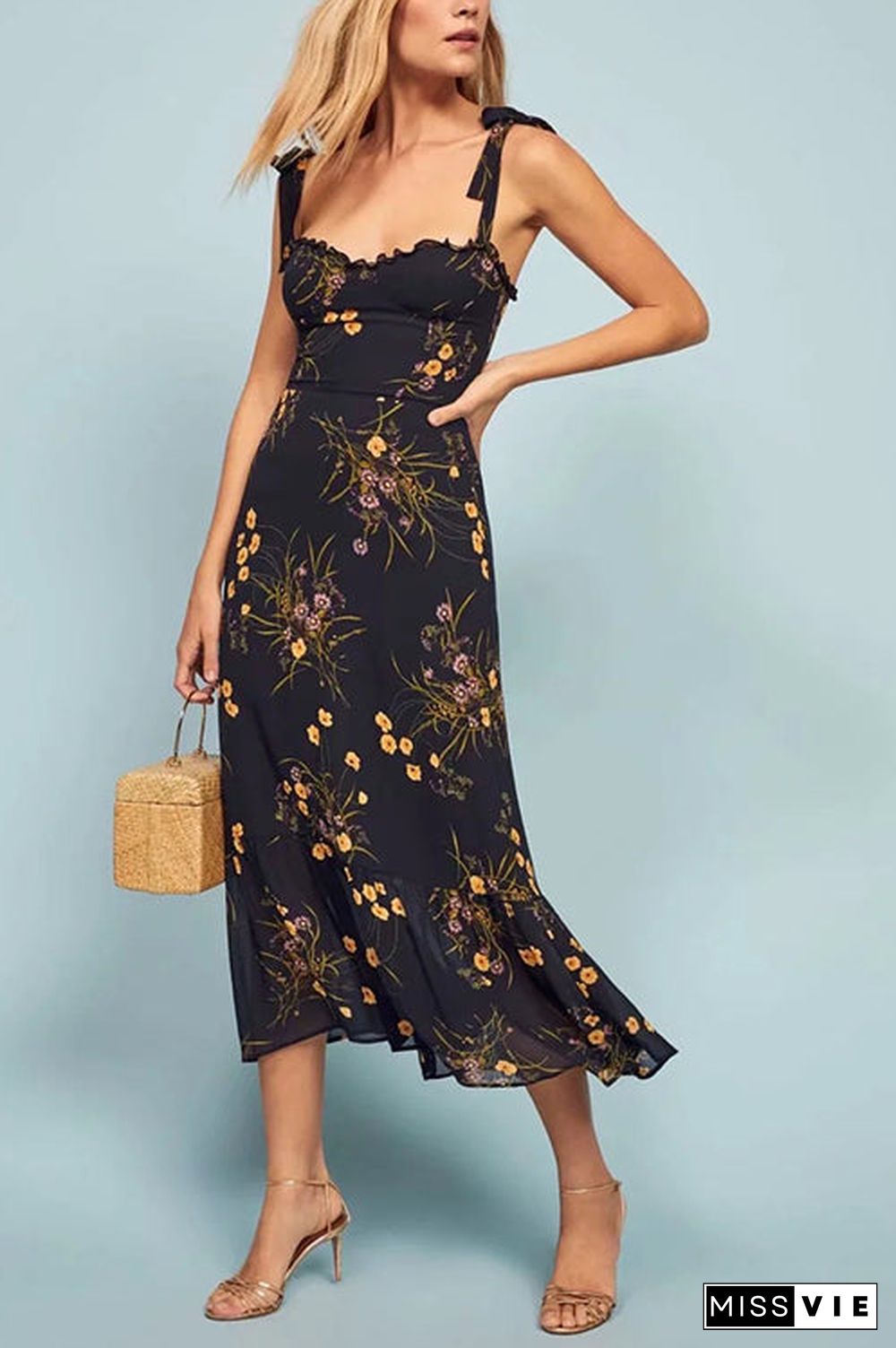 Print Tie Slip Slim Midi Dress