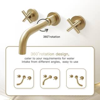 UPIKER Modern Double Handle Wall Mounted Bathroom Faucet with 3 Holes Brass Rough-in Valve in Brushed Gold UP2301SFG0001