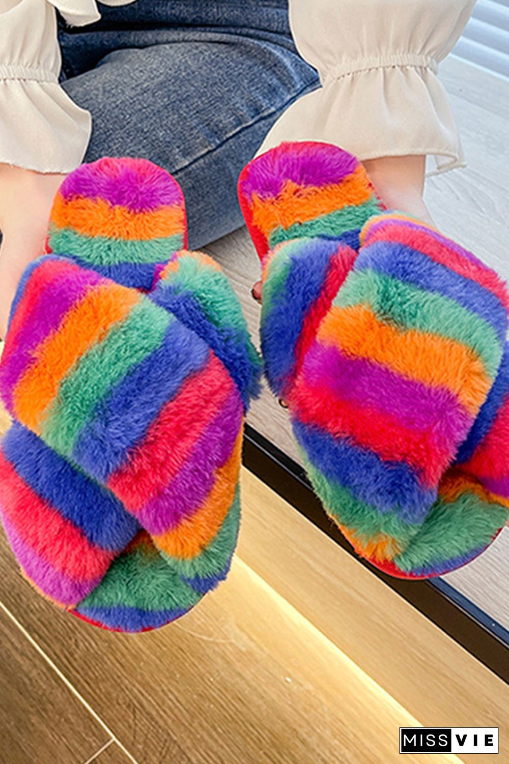 Multicolor Fluffy Criss-cross Home Slippers Wholesale