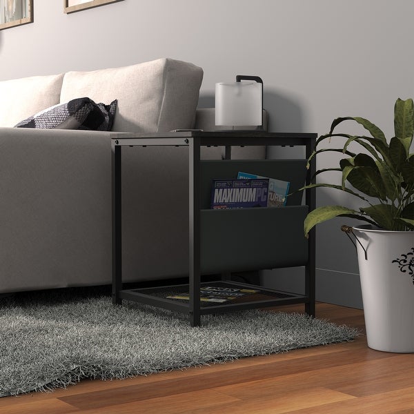 Side Table with Storage Bag， Square End Table with Grid storage rack， Sofa Table for Living Room， Bedroom， Rustic Brown