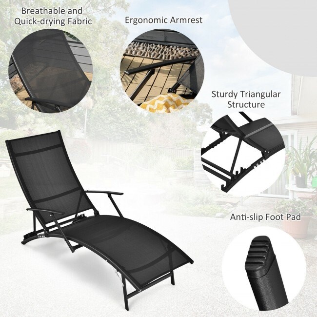 2 Pieces Patio Folding Stackable Lounge Chair Chaise with Armrest Black   67\