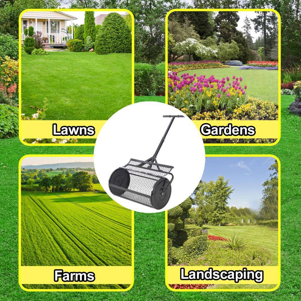 Tidoin 45 lbs. 24 in. Heavy-Duty Metal Handheld Peat Moss Spreader with T Shaped Handle for Planting Seeding Lawn Garden Care GH-YDW4-849