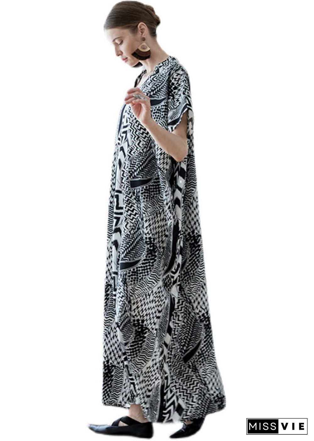 French Black V Neck Print Pockets Chiffon Robe Dresses Summer