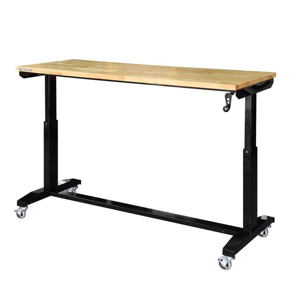 Husky Two Pack 52 in. and 62 in. Adjustable Height Work Tables with Solid Wood Tops in Black HOLT52XDB12+HOLT62XDB12