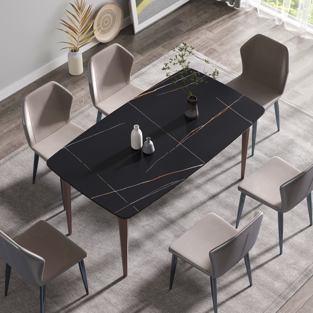 63 Inch Black Artificial Stone and Metal Leg Dining Table for 6 People