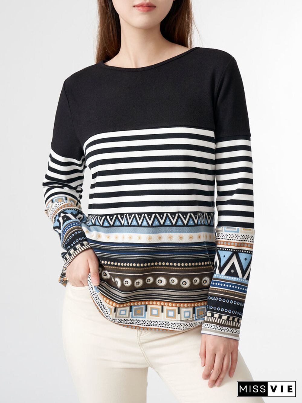 Stripe Tribal Pattern Long Sleeve Crew Neck Casual Sweatshirt