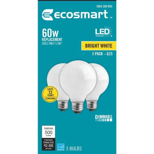 EcoSmart 60-Watt Equivalent G25 Dimmable ENERGY STAR Frosted Glass Filament LED Vintage Edison Light Bulb Bright White (3-Pack) FG-03235