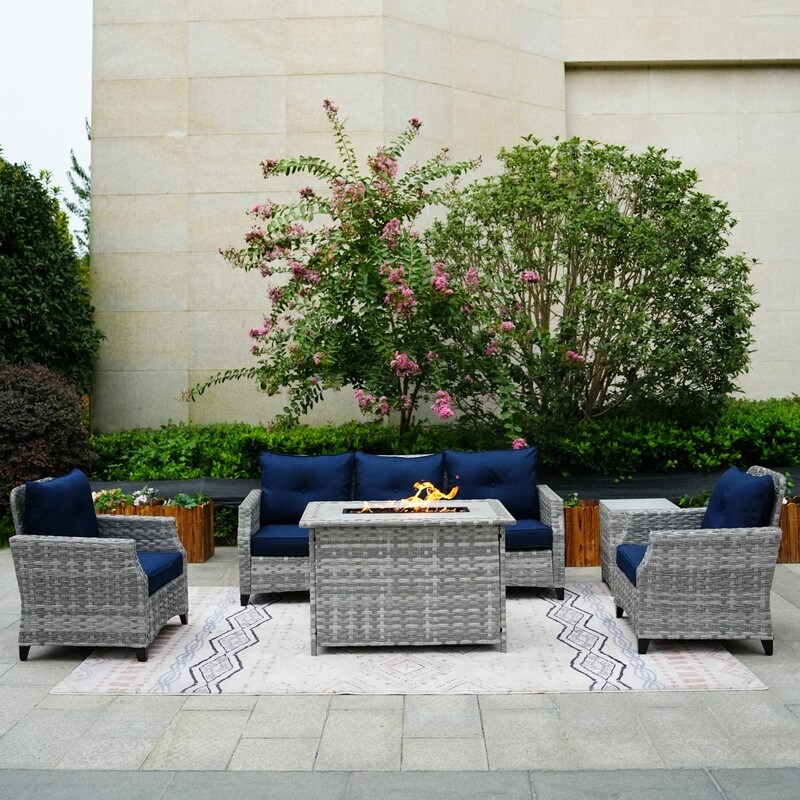 5 Piece Patio Wicker Sofa Set with Firepit Table and Rain cover