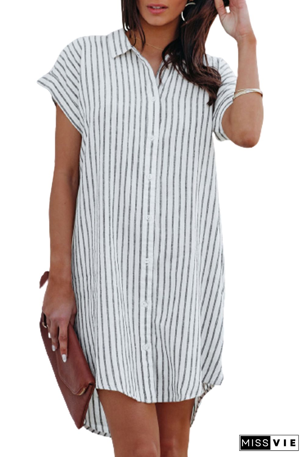 Gray Short Sleeves Striped Shirt Dress