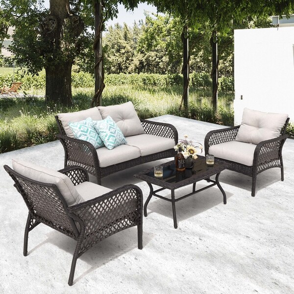 4piece Outdoor Resin Wicker Chat Set with Cushions