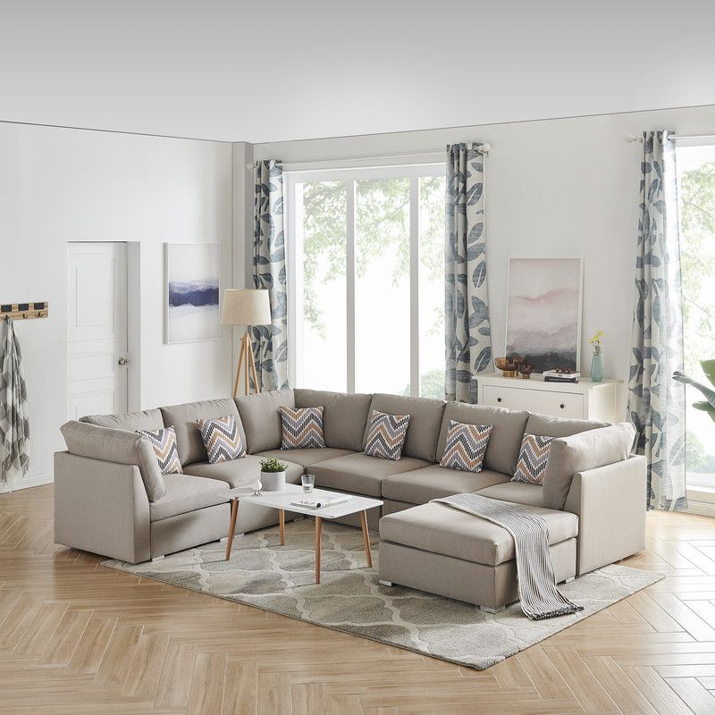 Amira Beige Fabric Reversible Modular Sectional Sofa with Ottoman and Pillows   Contemporary   Sectional Sofas   by Morning Design Group  Inc  Houzz