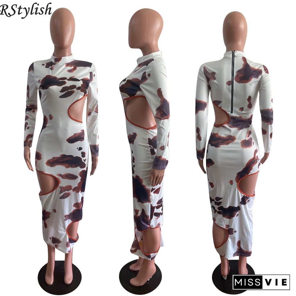 Women print Long Sleeve O-neck Hollow Out Bodycon Long Dress