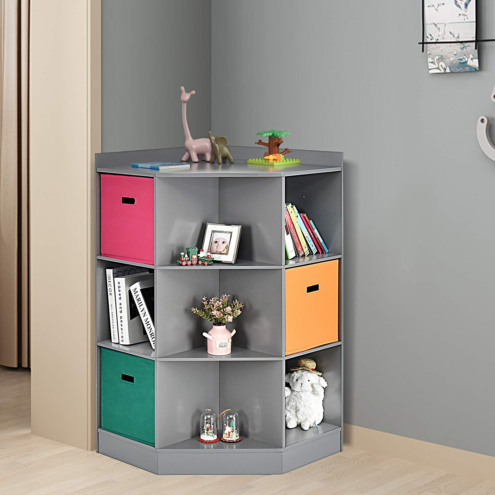 Costzon Children's Corner Cabinet with 6 Cubes and 3 Shelves