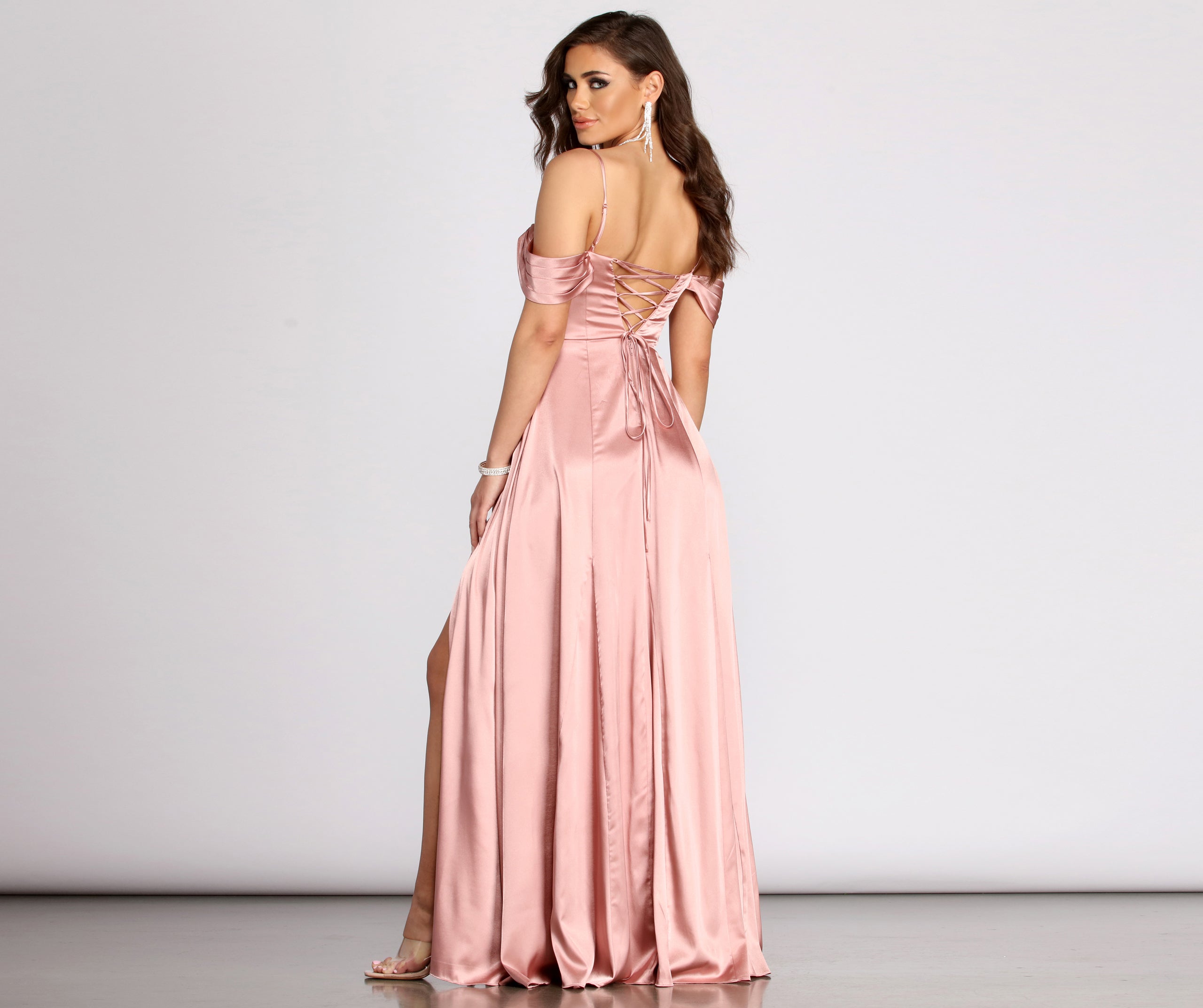 Cassia Lace-Up Back Off Shoulder Satin Dress