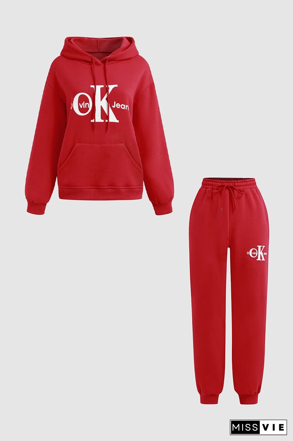 Letter Print Kangaroo Pocket Hoodie & Drawstring Pants Set