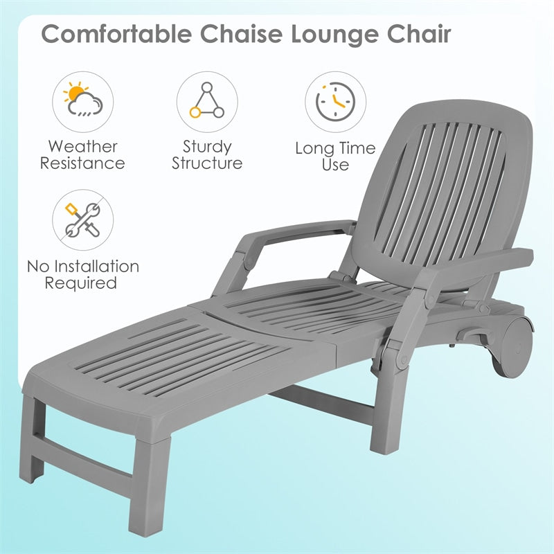 Outdoor Chaise Lounge Chair 6-Position Adjustable Patio Recliner with Wheels