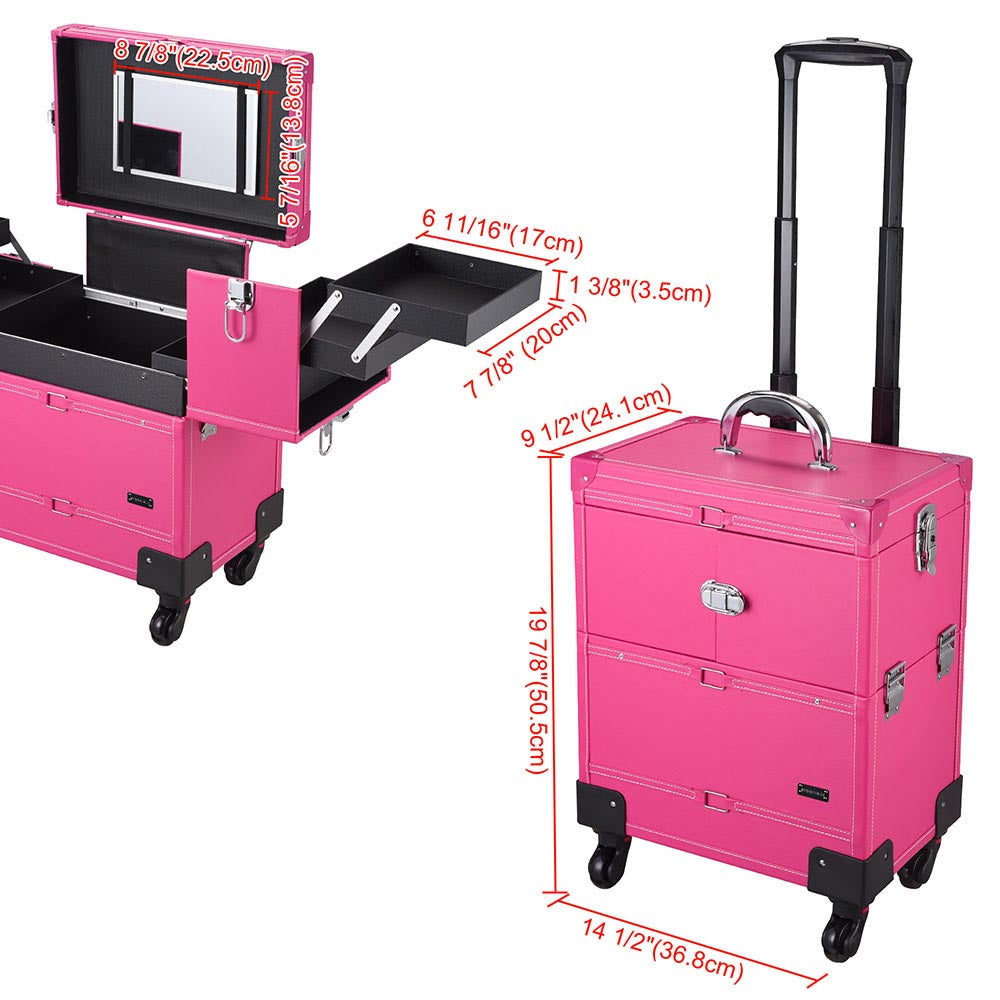 Byootique Rolling Makeup Case Lockable w/ 4-Wheel Mirror Pink