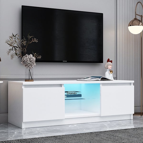 White LED TV Stand Cabinet with Lights with Storage Drawers， Entertainment Center Media Console Table