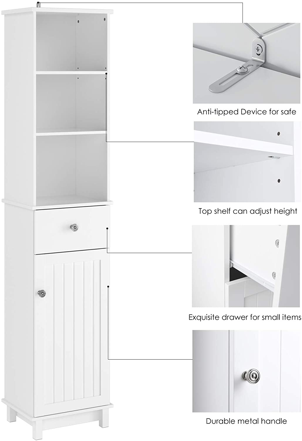 Homfa Slim Bathroom Tower with Door, 70 in Modern Wooden Organizer Rack with Adjustable Shelves and Drawer, White Finish