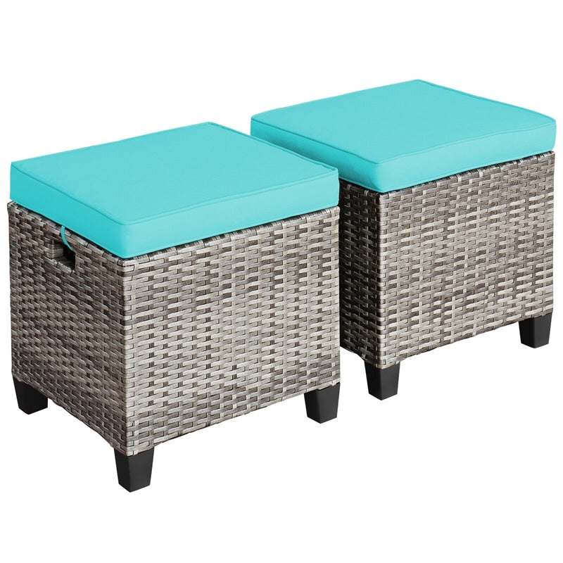 2 Pieces Wicker Patio Ottomans Outdoor Rattan Footstools with Removable Cushions